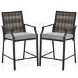 Outdoor Metal Bar Stools Set of 2 with Rattan Back, Armrest, Fabric Seat & Cushions, Counter Height Patio Bar Chairs for Poolside, Porch, Backyard