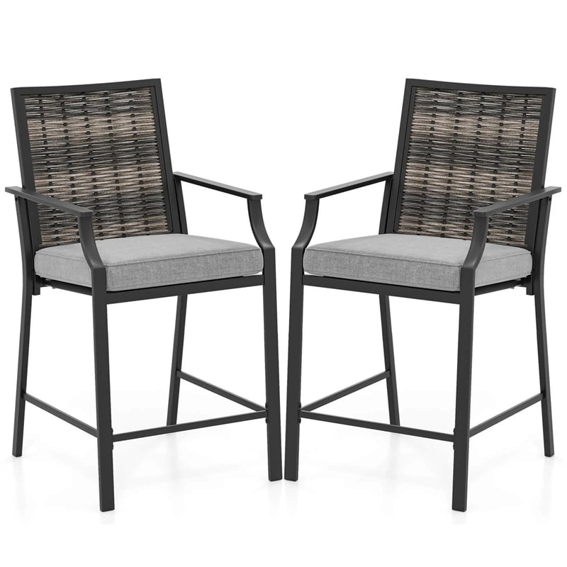 Outdoor Metal Bar Stools Set of 2 with Rattan Back, Armrest, Fabric Seat & Cushions, Counter Height Patio Bar Chairs for Poolside, Porch, Backyard