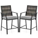 Outdoor Metal Bar Stools Set of 2 with Rattan Back, Armrest, Fabric Seat & Cushions, Counter Height Patio Bar Chairs for Poolside, Porch, Backyard