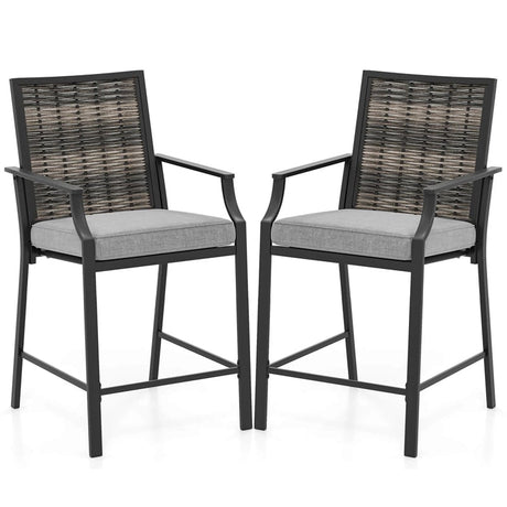 Outdoor Metal Bar Stools Set of 2 with Rattan Back, Armrest, Fabric Seat & Cushions, Counter Height Patio Bar Chairs for Poolside, Porch, Backyard