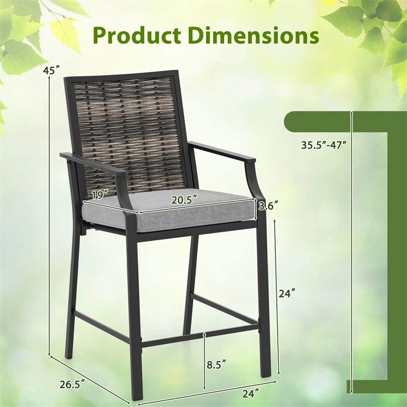 Outdoor Metal Bar Stools Set of 2 with Rattan Back, Armrest, Fabric Seat & Cushions, Counter Height Patio Bar Chairs for Poolside, Porch, Backyard