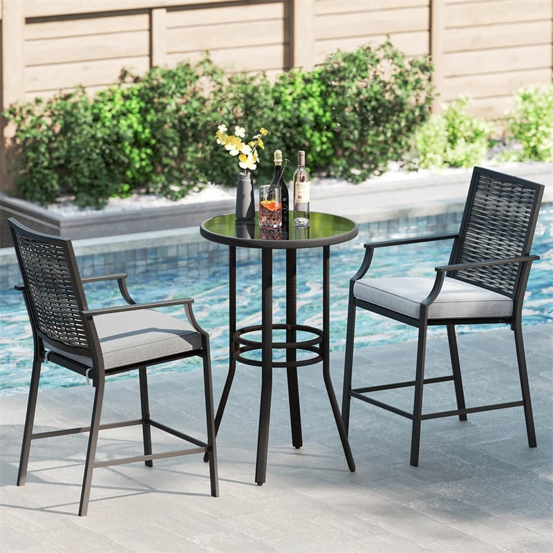 Outdoor Metal Bar Stools Set of 2 with Rattan Back, Armrest, Fabric Seat & Cushions, Counter Height Patio Bar Chairs for Poolside, Porch, Backyard