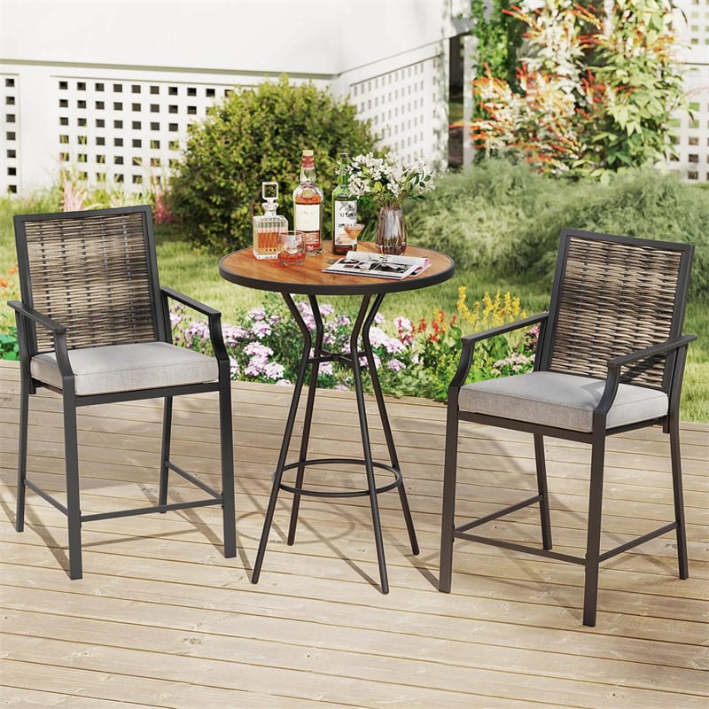Outdoor Metal Bar Stools Set of 2 with Rattan Back, Armrest, Fabric Seat & Cushions, Counter Height Patio Bar Chairs for Poolside, Porch, Backyard