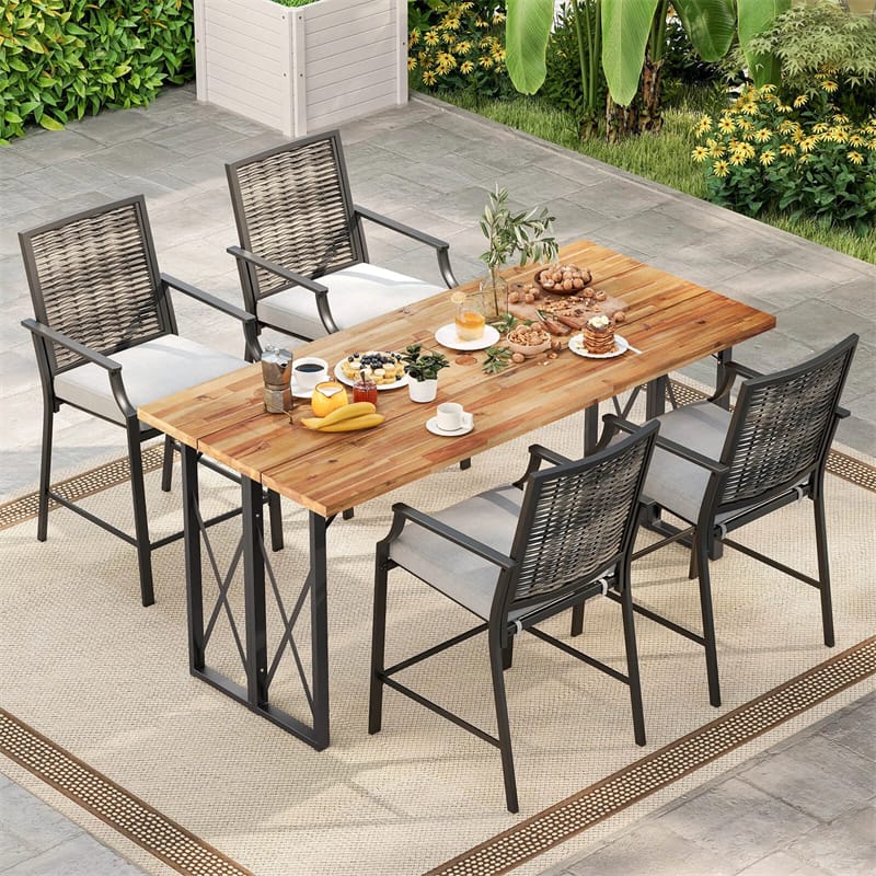 Outdoor Metal Bar Stools Set of 2 with Rattan Back, Armrest, Fabric Seat & Cushions, Counter Height Patio Bar Chairs for Poolside, Porch, Backyard