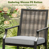 Outdoor Metal Bar Stools Set of 2 with Rattan Back, Armrest, Fabric Seat & Cushions, Counter Height Patio Bar Chairs for Poolside, Porch, Backyard