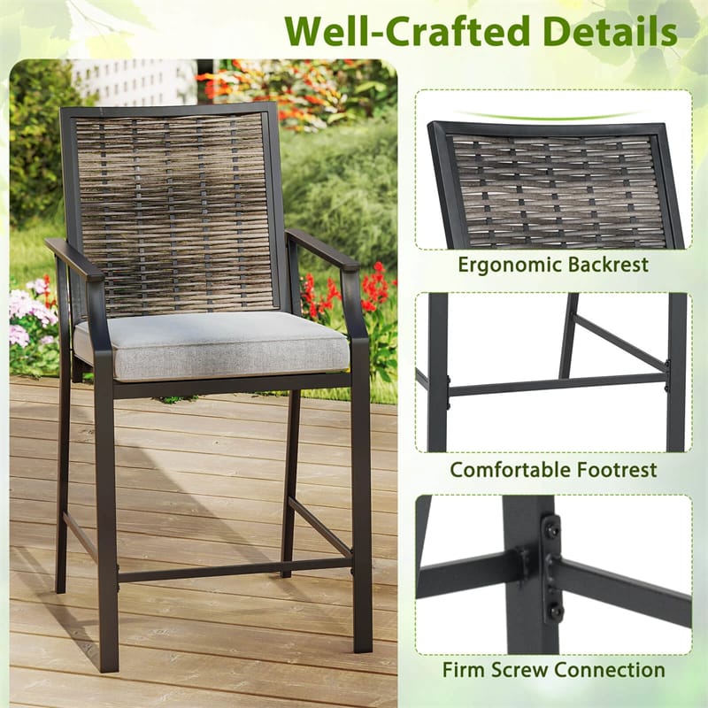 Outdoor Metal Bar Stools Set of 2 with Rattan Back, Armrest, Fabric Seat & Cushions, Counter Height Patio Bar Chairs for Poolside, Porch, Backyard