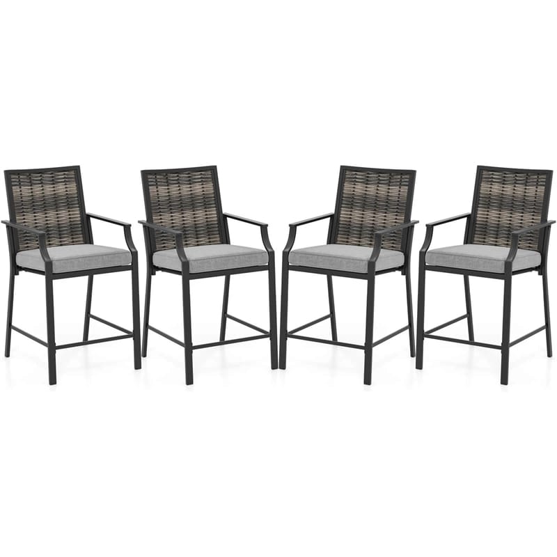 Outdoor Metal Bar Stools Set of 2 with Rattan Back, Armrest, Fabric Seat & Cushions, Counter Height Patio Bar Chairs for Poolside, Porch, Backyard