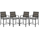 Outdoor Metal Bar Stools Set of 2 with Rattan Back, Armrest, Fabric Seat & Cushions, Counter Height Patio Bar Chairs for Poolside, Porch, Backyard