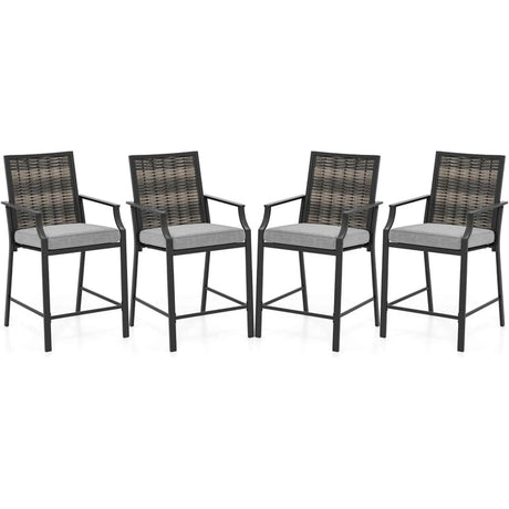 Outdoor Metal Bar Stools Set of 2 with Rattan Back, Armrest, Fabric Seat & Cushions, Counter Height Patio Bar Chairs for Poolside, Porch, Backyard