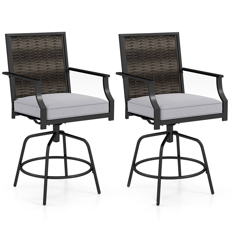 Outdoor PE Wicker Swivel Bar Stools Set of 2, Metal Frame Counter Height Patio Chairs with Back & Cushions for Patio, Garden, Deck