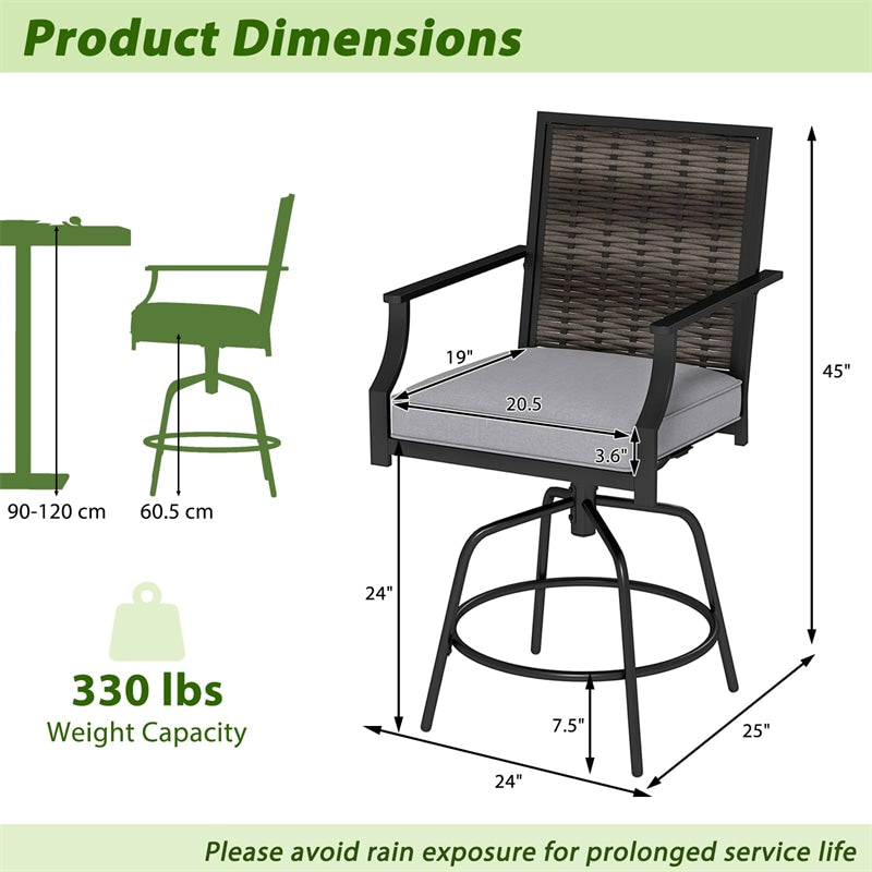 Outdoor PE Wicker Swivel Bar Stools Set of 2, Metal Frame Counter Height Patio Chairs with Back & Cushions for Patio, Garden, Deck