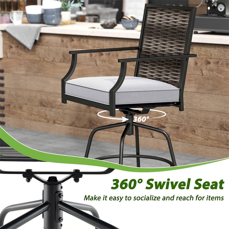 Outdoor PE Wicker Swivel Bar Stools Set of 2, Metal Frame Counter Height Patio Chairs with Back & Cushions for Patio, Garden, Deck