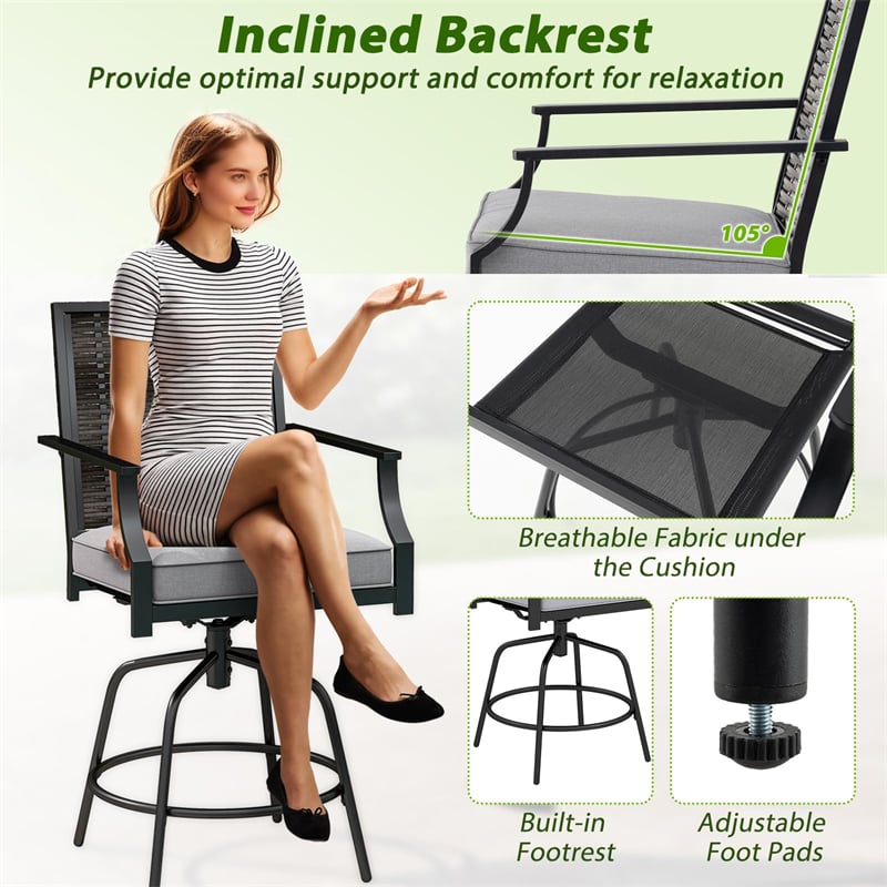 Outdoor PE Wicker Swivel Bar Stools Set of 2, Metal Frame Counter Height Patio Chairs with Back & Cushions for Patio, Garden, Deck