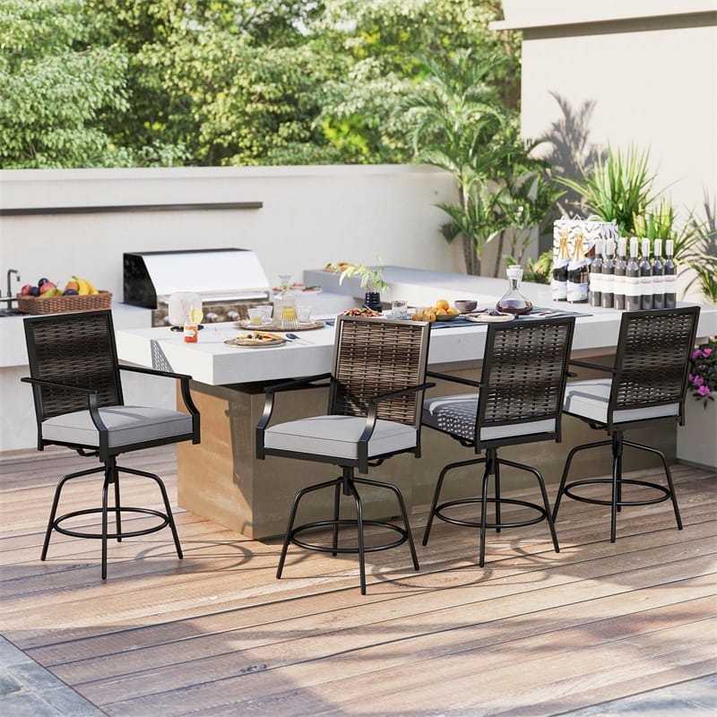 Outdoor PE Wicker Swivel Bar Stools Set of 2, Metal Frame Counter Height Patio Chairs with Back & Cushions for Patio, Garden, Deck
