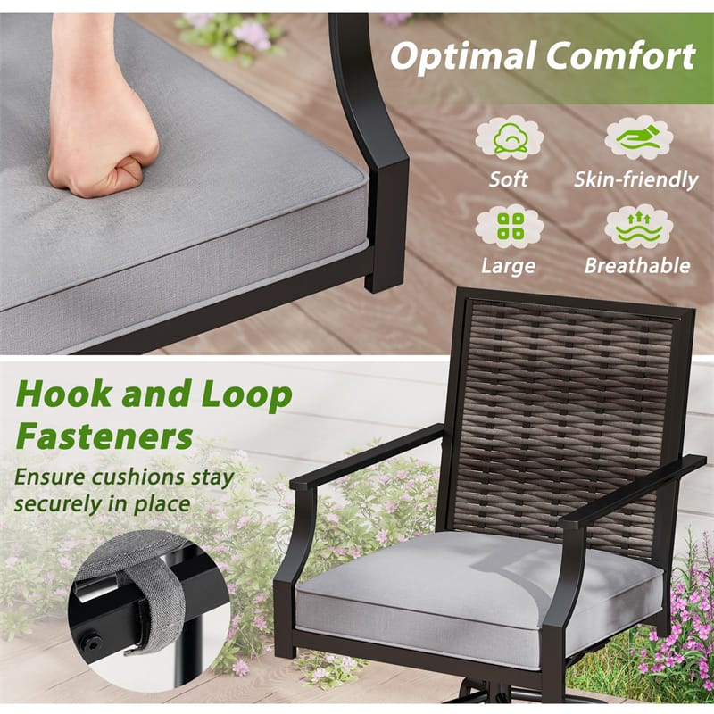 Outdoor PE Wicker Swivel Bar Stools Set of 2, Metal Frame Counter Height Patio Chairs with Back & Cushions for Patio, Garden, Deck