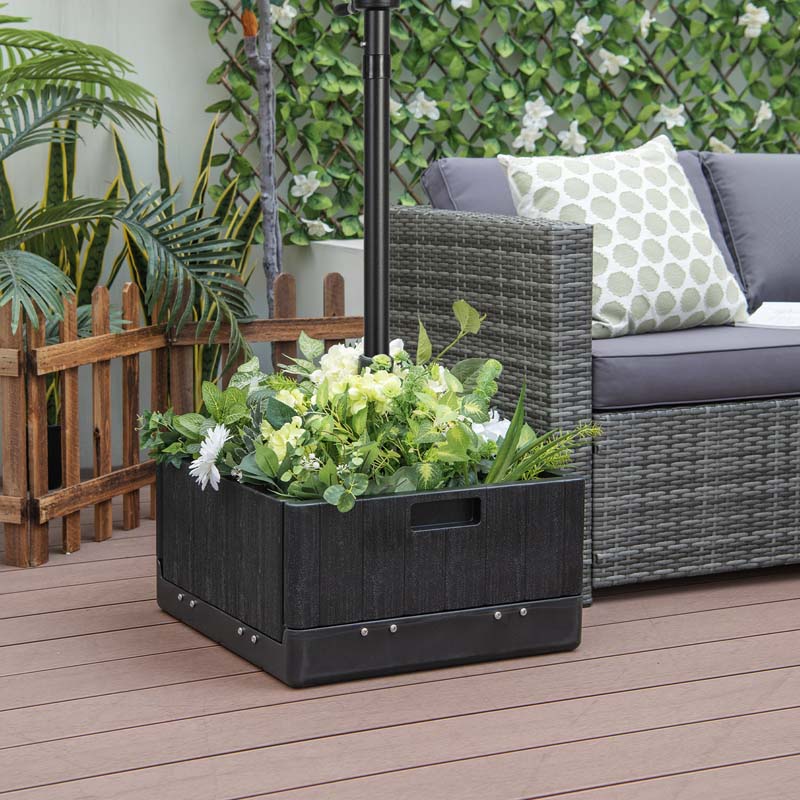 3-in-1 175 LBS Outdoor Refillable Umbrella Base with Table Tray & Wheels, Wood-Like Outdoor Side Table with Umbrella Stand