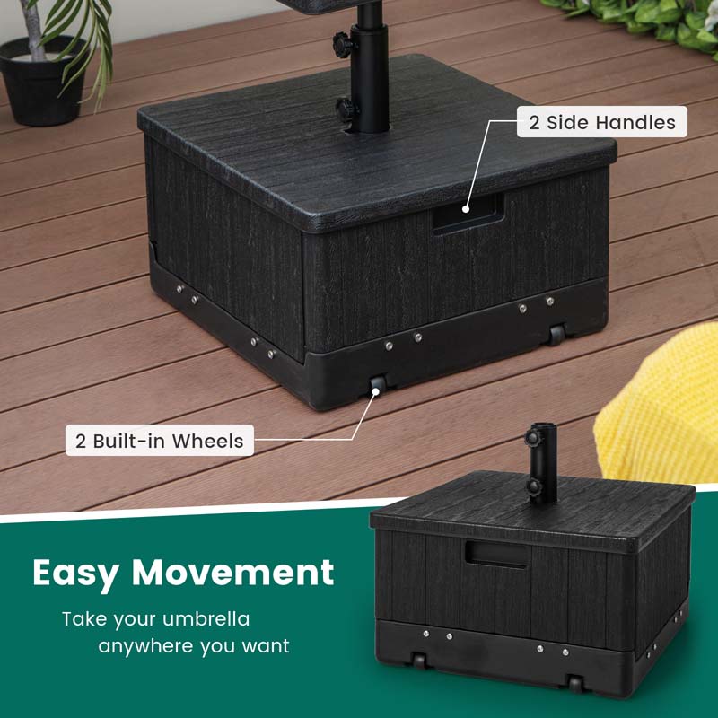 3-in-1 175 LBS Outdoor Refillable Umbrella Base with Table Tray & Wheels, Wood-Like Outdoor Side Table with Umbrella Stand
