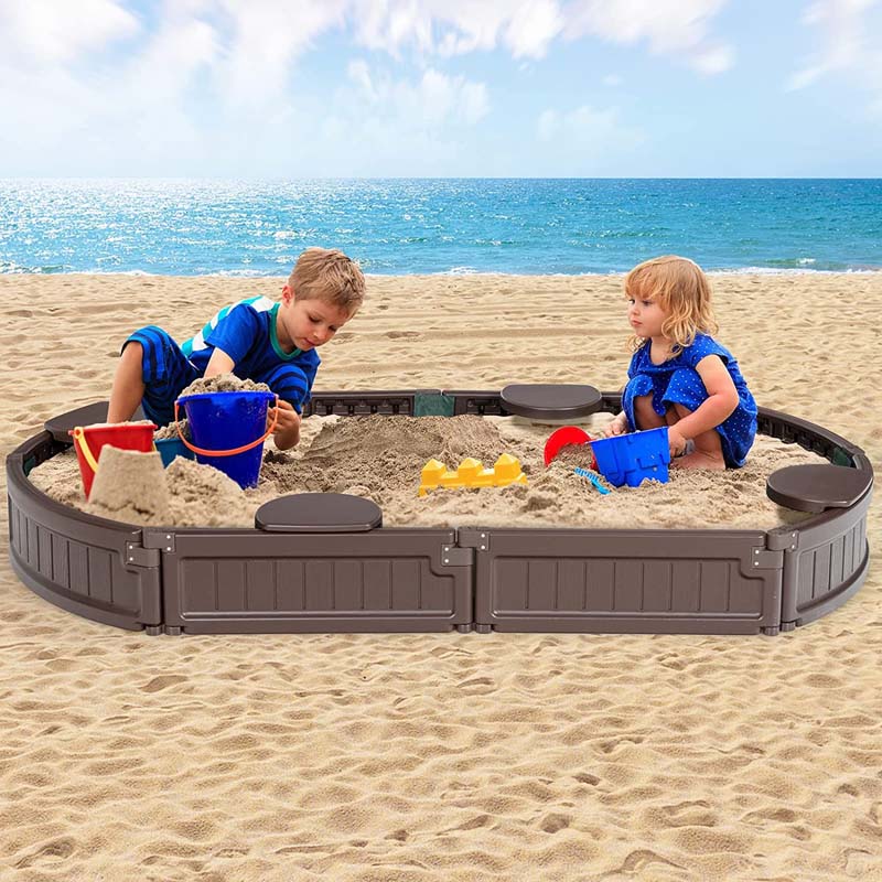 6FT Oval Outdoor Sandbox with Cover, Built-in Corner Seat & Bottom Liner, All Weather Kids Sand Play Station for Backyard Beach