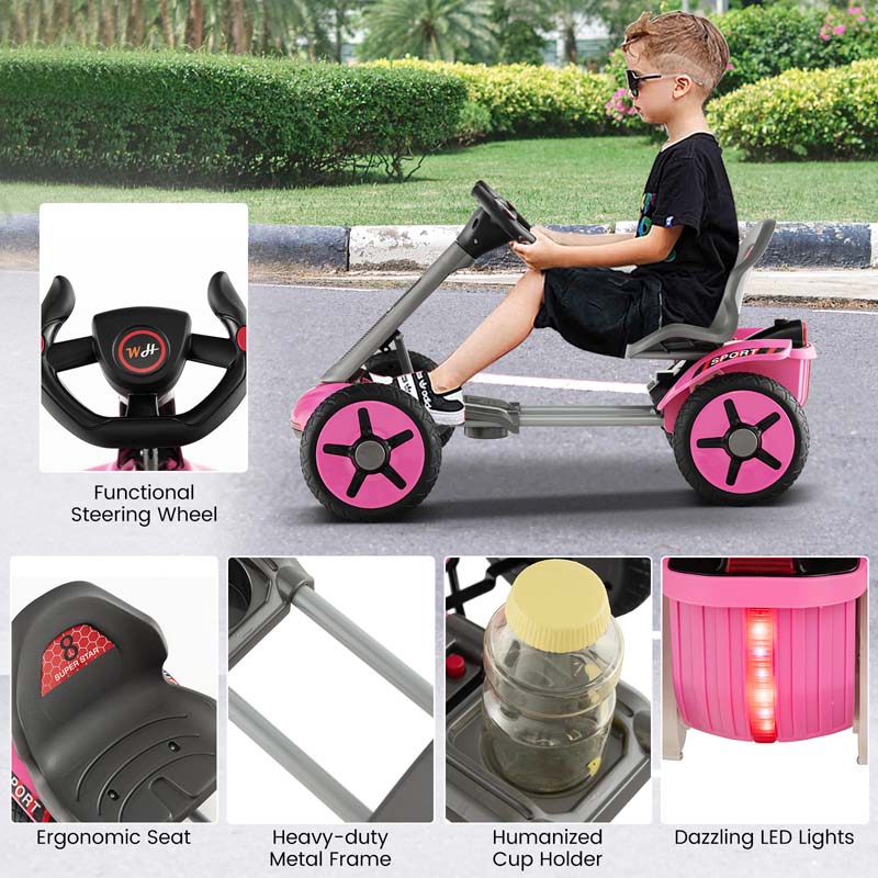 4-Wheel Folding Pedal Go Kart for Kids with 2-Position Adjustable Steering Wheel & Seat, 12V Battery Powered Ride On Pedal Car Toy