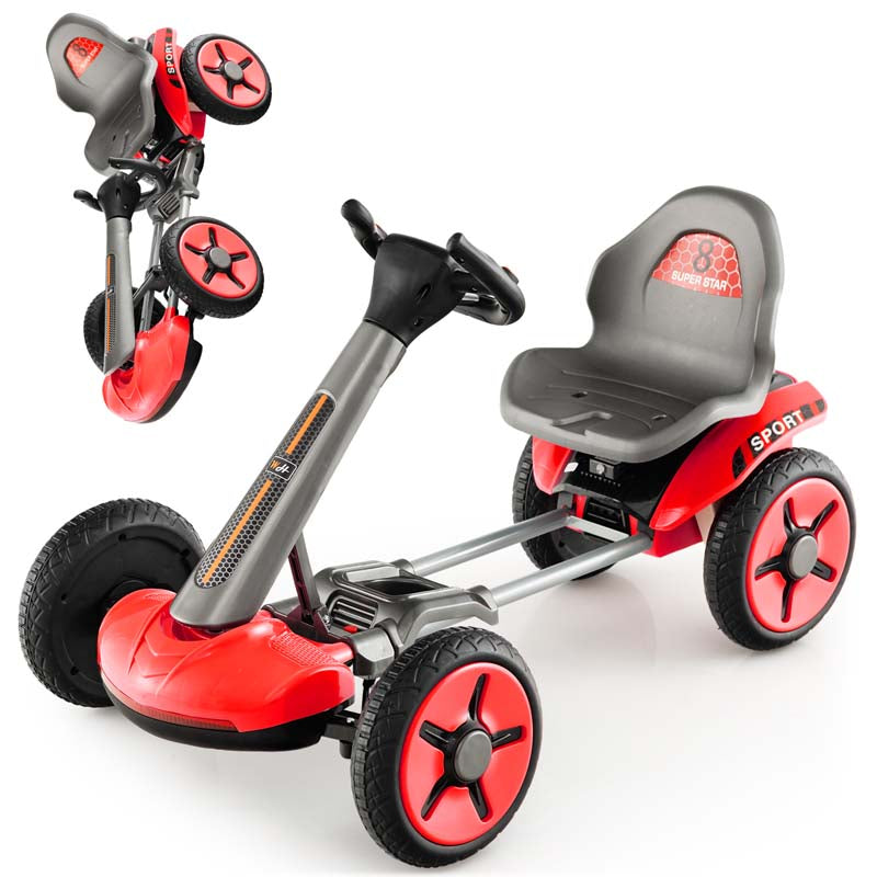 4-Wheel Folding Pedal Go Kart for Kids with 2-Position Adjustable Steering Wheel & Seat, 12V Battery Powered Ride On Pedal Car Toy