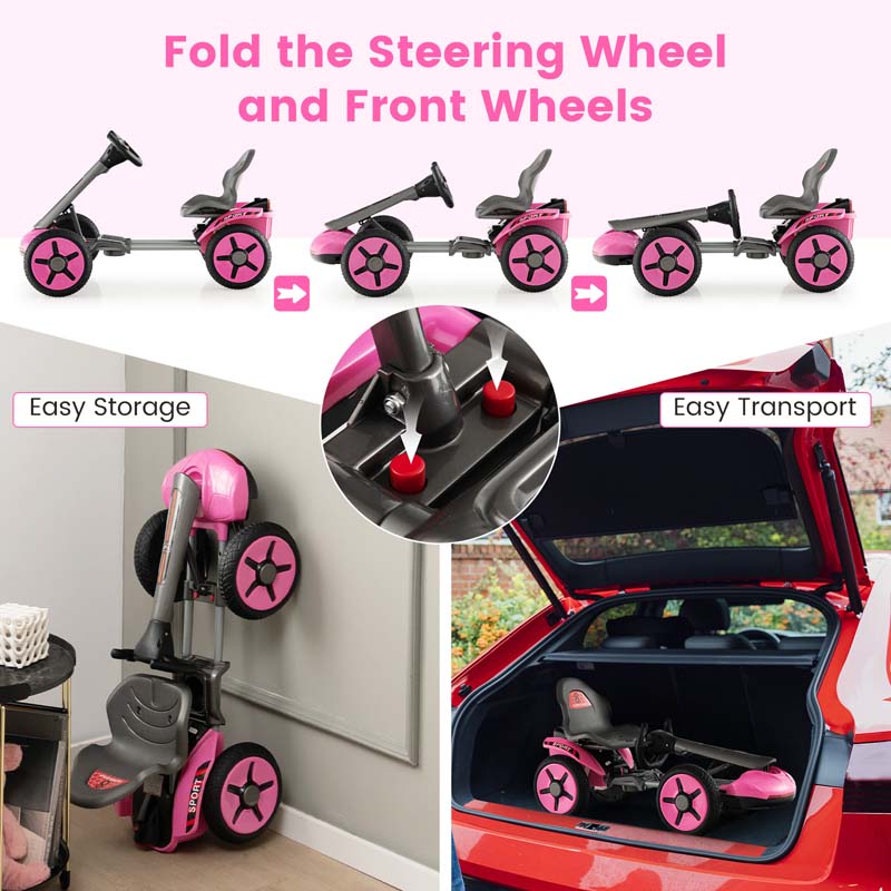 4-Wheel Folding Pedal Go Kart for Kids with 2-Position Adjustable Steering Wheel & Seat, 12V Battery Powered Ride On Pedal Car Toy