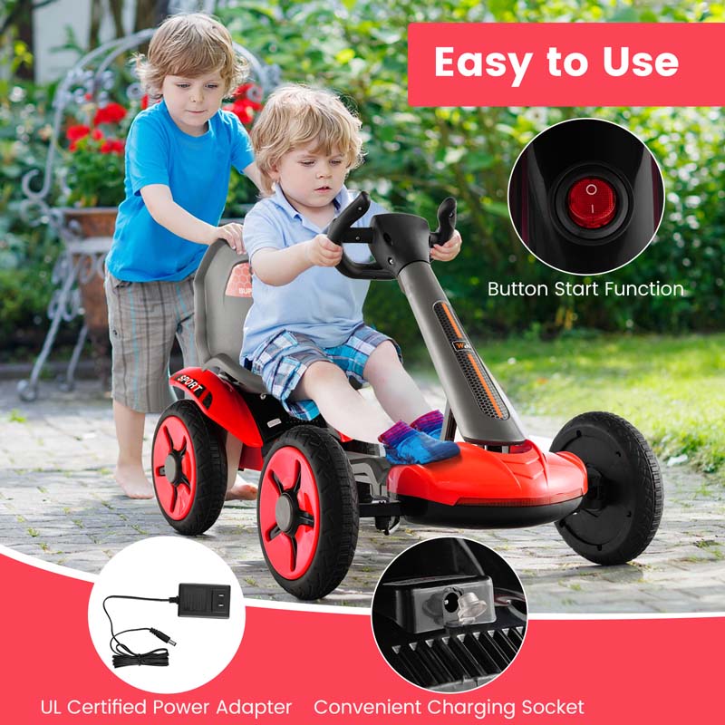 4-Wheel Folding Pedal Go Kart for Kids with 2-Position Adjustable Steering Wheel & Seat, 12V Battery Powered Ride On Pedal Car Toy
