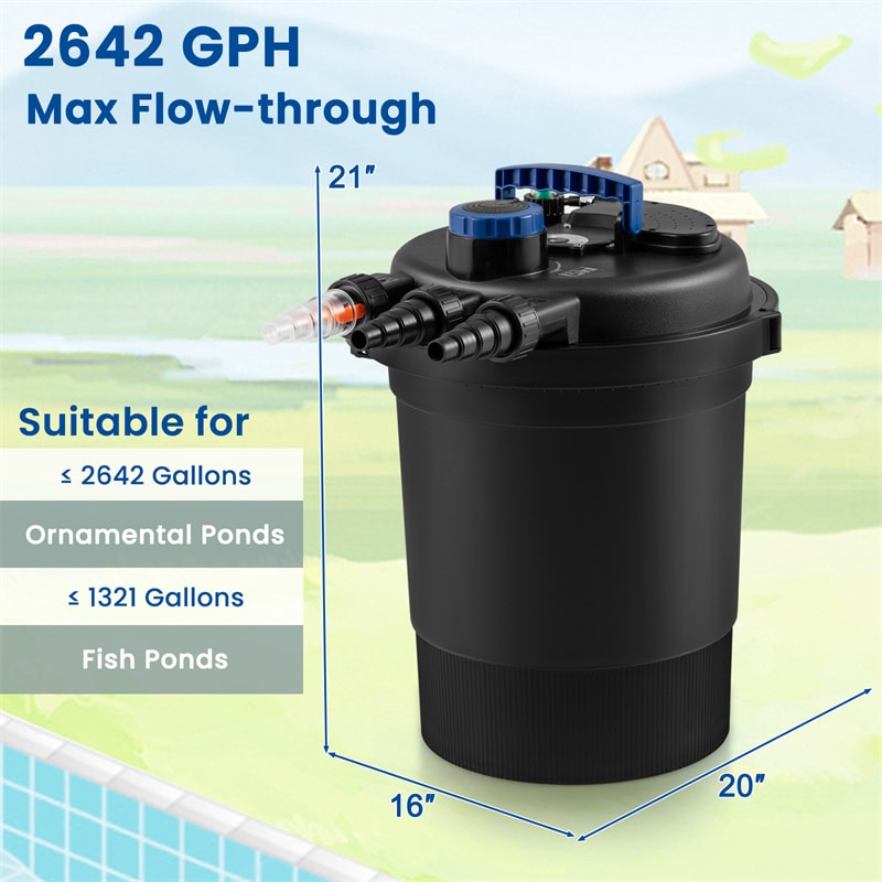 4000 Gallons Pond Pressure Bio Filter with 13W UV-C Light, Bio Balls & 4 Adapters for 1321 Gal Koi Fish Ponds & 2642 Gal Ornamental Ponds