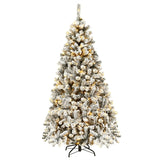6/7.5/9FT Pre-Lit Hinged Artificial Christmas Tree, Premium PVC Snow Flocked Pine Tree with Metal Stand