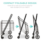 Folding Steel Grocery Cart w/ Double Basket, Swivel Wheels, 220lb Cap