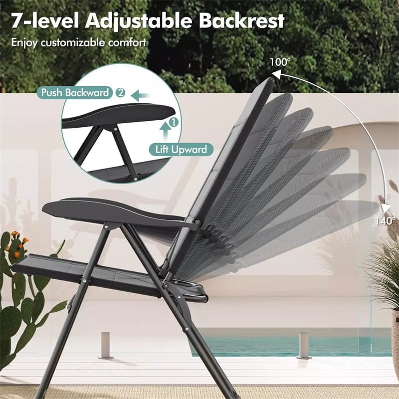 2-Pack Folding Patio Chairs, 7-Position Adjustable Lawn Chair Recliner Camping Chair, Compact Outdoor Sling Chair, Fully Assembly