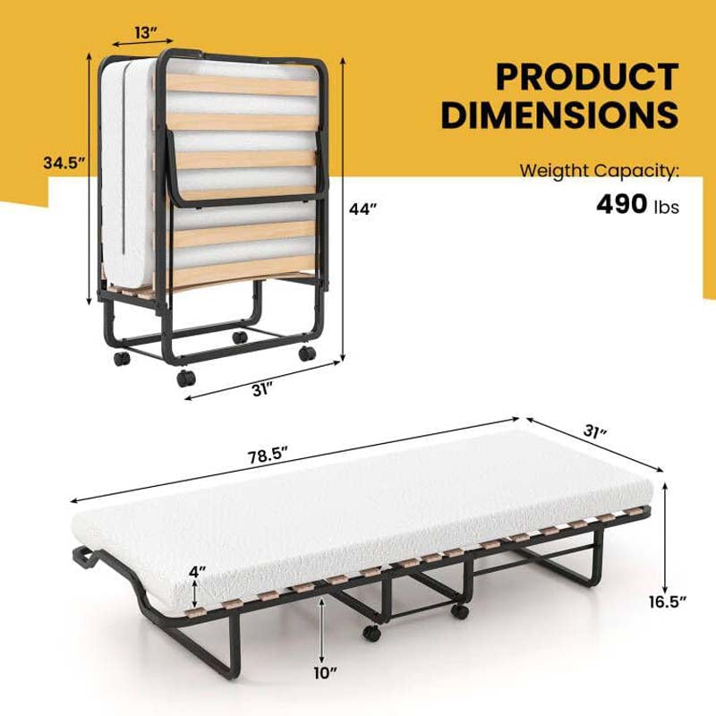 78.5" x 31" Folding Bed with 4" Memory Foam Mattress & Lockable Wheels, Portable Cot Size Rollaway Guest Bed for Adult
