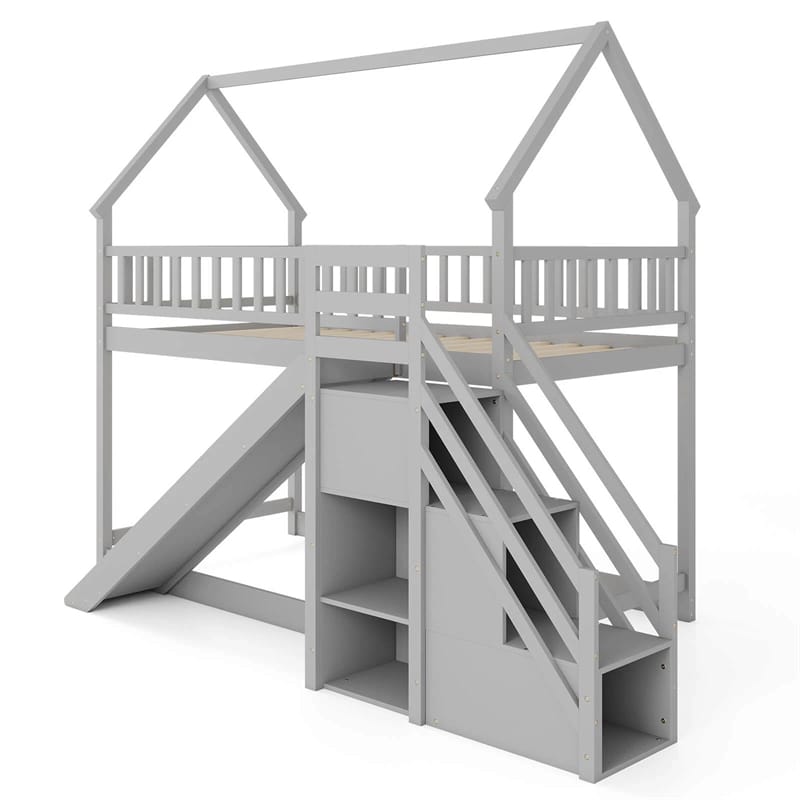 Twin Over Twin Bunk Bed House Design with Slide, Staircases & Storage Compartments, No Box Spring Needed, Wood Twin Floor Bed for Kids Teens