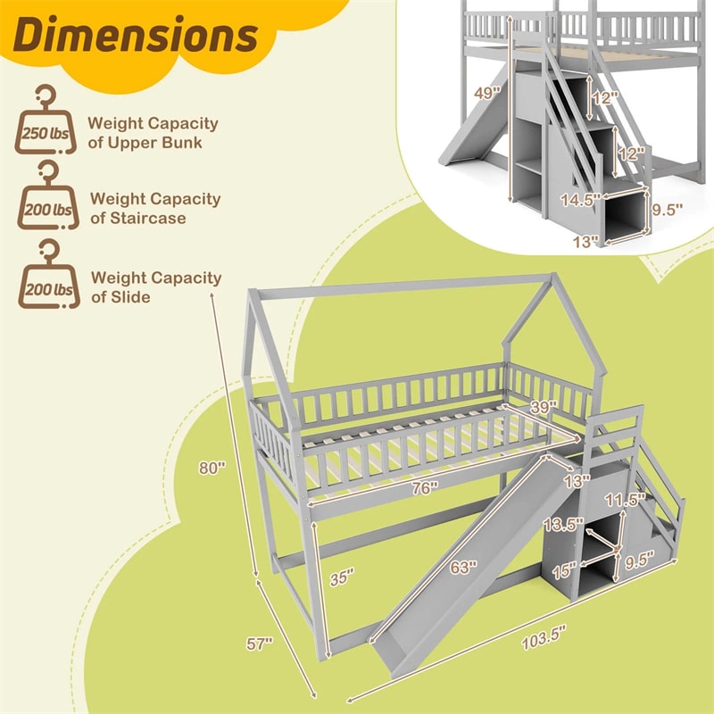 Twin Over Twin Bunk Bed House Design with Slide, Staircases & Storage Compartments, No Box Spring Needed, Wood Twin Floor Bed for Kids Teens