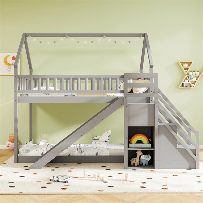 Twin Over Twin Bunk Bed House Design with Slide, Staircases & Storage Compartments, No Box Spring Needed, Wood Twin Floor Bed for Kids Teens