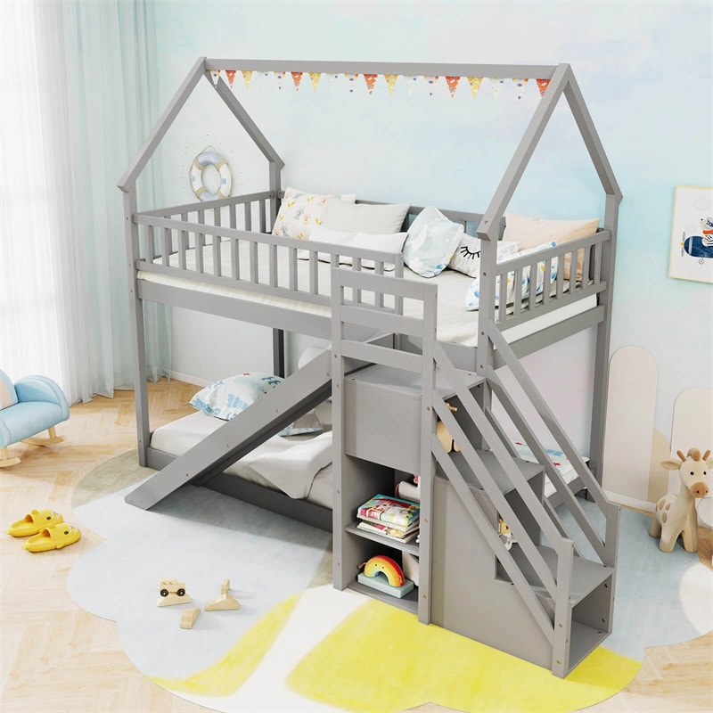 Twin Over Twin Bunk Bed House Design with Slide, Staircases & Storage Compartments, No Box Spring Needed, Wood Twin Floor Bed for Kids Teens