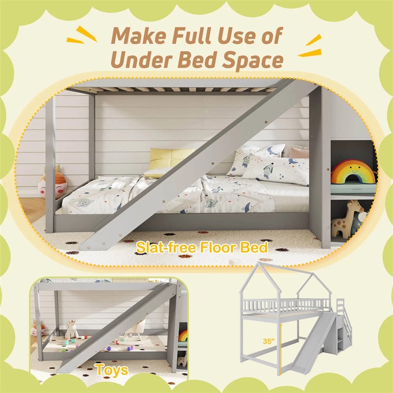 Twin Over Twin Bunk Bed House Design with Slide, Staircases & Storage Compartments, No Box Spring Needed, Wood Twin Floor Bed for Kids Teens