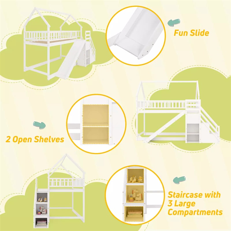 Twin Over Twin Bunk Bed House Design with Slide, Staircases & Storage Compartments, No Box Spring Needed, Wood Twin Floor Bed for Kids Teens