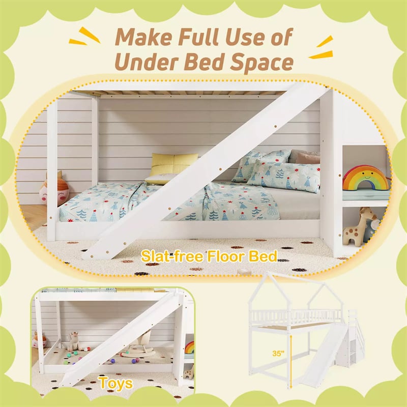 Twin Over Twin Bunk Bed House Design with Slide, Staircases & Storage Compartments, No Box Spring Needed, Wood Twin Floor Bed for Kids Teens