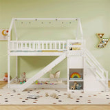 Twin Over Twin Bunk Bed House Design with Slide, Staircases & Storage Compartments, No Box Spring Needed, Wood Twin Floor Bed for Kids Teens