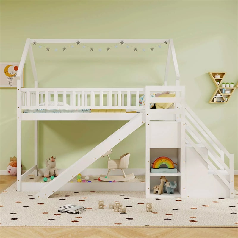 Twin Over Twin Bunk Bed House Design with Slide, Staircases & Storage Compartments, No Box Spring Needed, Wood Twin Floor Bed for Kids Teens