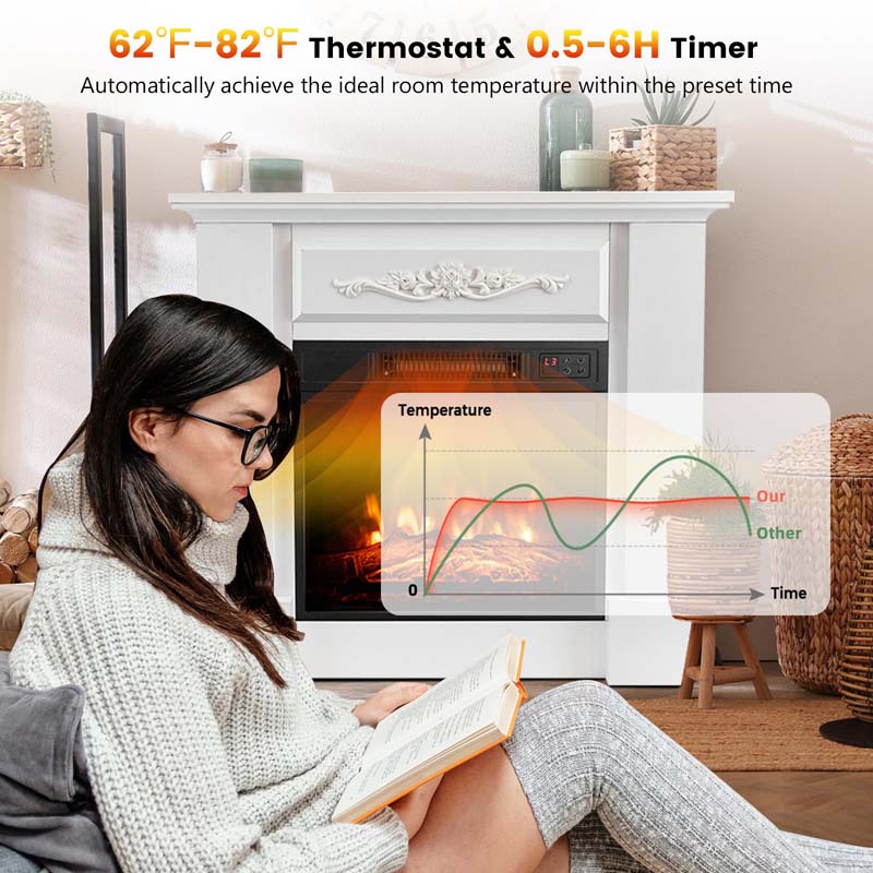 32" Solid Electric Fireplace with Mantel, 1400W Freestanding Mantel Fireplace Heater with Remote Control, Thermostat, 6H Timer