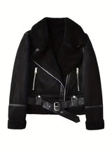 Women’s Retro Synthetic Leather Motorcycle Jacket – Fleece Lined Winter Coat