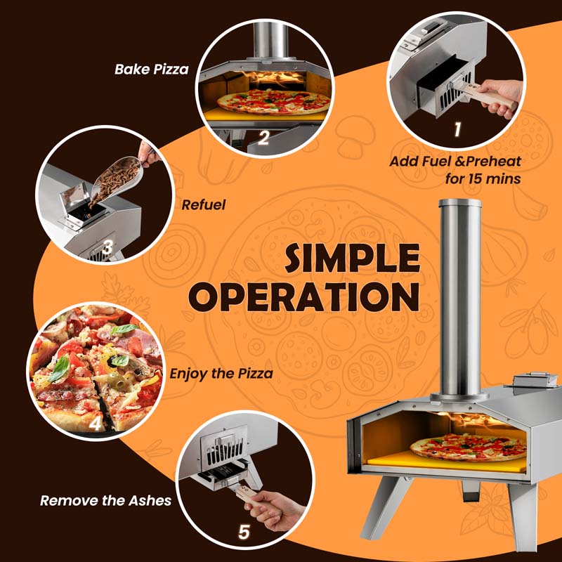 Wood Pellet Fired Outdoor Pizza Oven with 12'' Pizza Ston & Foldable Legs, Portable Stainless Steel Pizza Maker for Camping Picnic