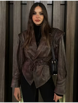 Women’s Vintage Biker Jacket – Brown Retro Streetwear Coat with Waist Tie