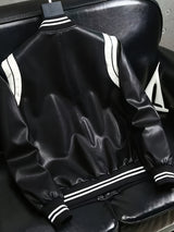 Men’s Leather Motorcycle Jacket – Color Block Stand Collar Baseball Coat