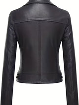 Women’s Black Elegant Leather Jacket – Zipper Details, Long Sleeve Fashion Outerwear