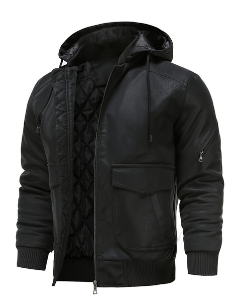 Men’s Hooded Leather Jacket – Quilted Lined Winter Casual Outerwear