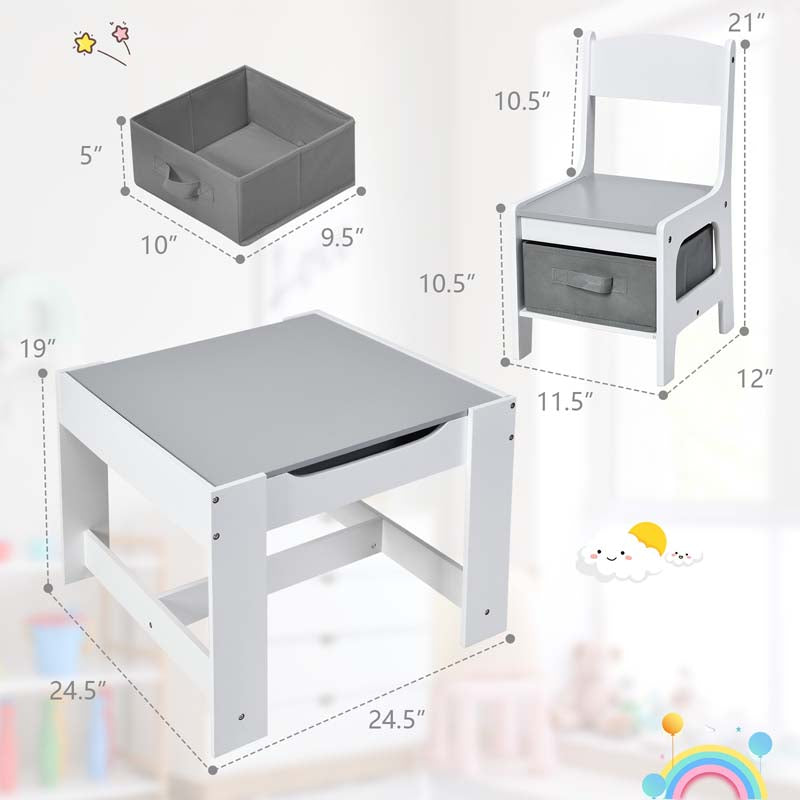 3-in-1 Kids Wood Table Chairs Set with Blackboard & Storage Drawers, Children Multi Activity Table for Learning Playing Drawing