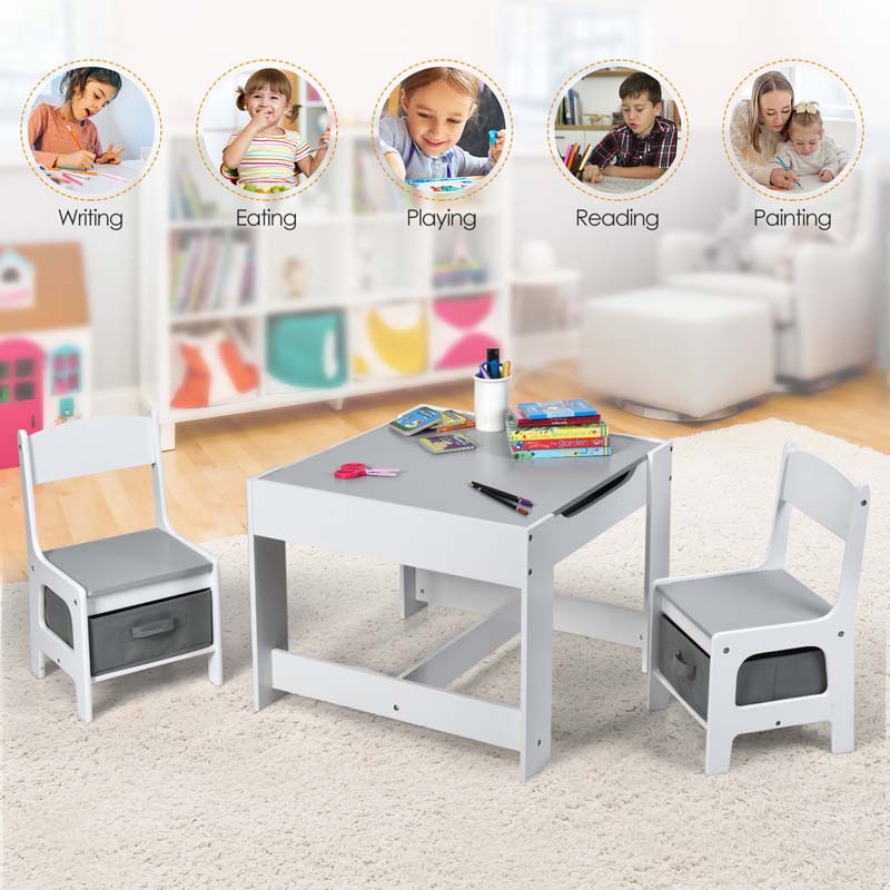 3-in-1 Kids Wood Table Chairs Set with Blackboard & Storage Drawers, Children Multi Activity Table for Learning Playing Drawing
