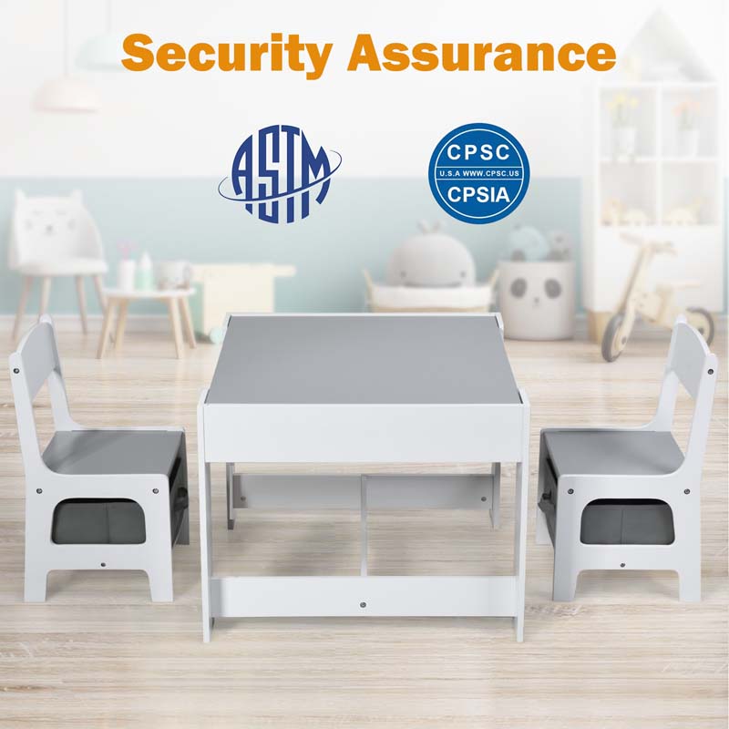 3-in-1 Kids Wood Table Chairs Set with Blackboard & Storage Drawers, Children Multi Activity Table for Learning Playing Drawing